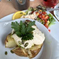 Avocado jacket potato, green tea, cordial  at Two the Square in Conwy