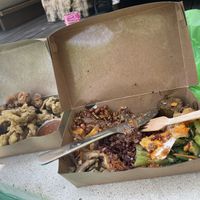 nasi campur with added egg and satay chickenn  at Warung Dua Hati in Canggu