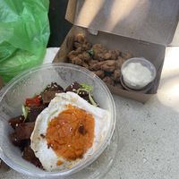 cauliflower wings and pork rice bowll  at Warung Dua Hati in Canggu
