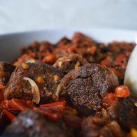 Casa Vegan Plant based chunks made in a traditional Nigerian meal - Pounded yam with Efo riro
 at Casa Vegan in Lagos