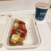 Chunky Nut Butter toast and oat milk latte at DUB - Nomad - T1 in Dublin