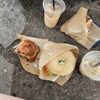 Vegan cinnamon roll, vegan lox bagel and iced coffee   at New York Bagel Bar in Hamburg