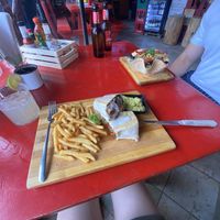 Vegan burrito with fries and Aztec (?) salad in eatable bowl  at La Taqueria in Bocas Del Toro