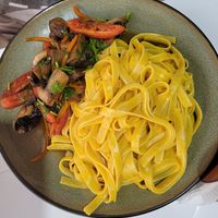 lomo saltado con pasta at Noqa Vegan in Lima