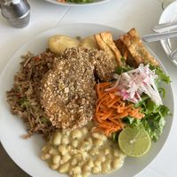 Broster de soya, arepitas fritas, arroz chaufa, fresol, tequeños y ensalada fresca  at Noqa Vegan in Lima