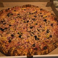 Large vegan pizza whey onion, olives, peperoncino at Smack Daddy in Longmont