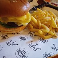 Vegan burger and fries. at Old Kings Head in Broughton-in-furness