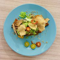 Pasta Goreng: Hericium mushroom, shiitake mushroom, sweet potato, tomato puree, lettuce, potatoes, bean curd, peanuts, chilli, crispy biscuit, and wholewheat pasta.  at The Leaf 绿叶坊 - Georgetown in Penang