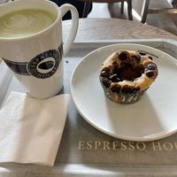 Oat milk vegan matcha latte and caramel muffin  at Espresso House - Kungsgatan in Umea