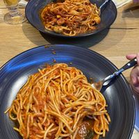Spaghetti arrabiata with mushrooms and spaghetti pomodoro at La Grotta da Fabrizio in Fischen