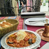 Duvec with bread and traditional coffee. at Sadrvan in Mostar