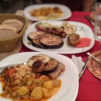 Assembled a plate of various things from the veggie plate, duvec, roasted potatoes, and bread at Sadrvan in Mostar