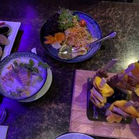 Vegan dumplings, Tom kha gai soup, papaya salad, jackfruit and pineapple skewers and soy skewers with peanut sauce   at My Thai Lounge in Queenstown