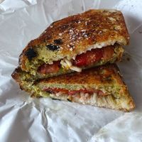 Vegan Italian toastie (pesto, tomato, cheeze) at Grumbling Goose in Belgrave