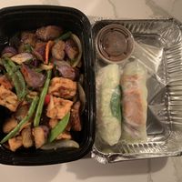 Spicy eggplant stir fry and fresh tofu summer rolls   at The Bangkok in Melrose