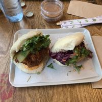 Left crispy vegan chicken bao , right tofu hoisin bao  at han west in Berlin