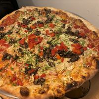 Pizza with vegan cheese, sprouts, broccoli and pepper  at Cushnoc Brewing Co in Augusta