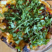 Custom pizza with butternut squash sauce abounds with fiddleheads and fresh arugula at Cushnoc Brewing Co in Augusta