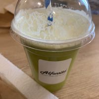 Green juice made fresh - cucumber, apple, celery, lemon, pineapple, kiwi  at Alfonsito in Sevilla