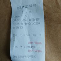 Receipt notes Vegan items at The Old Siam in Jacksonville