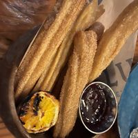 Churros that was veganized. Chocolate sauce was replaced with a berry sauce at LUNA Mexican Kitchen in Campbell