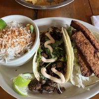 Street corn, chorizo taco, tempeh taco.  All vegan and so good!   at TacoLu in Jacksonville Beach