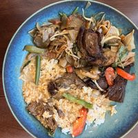 Drunken noodles with crispy mock duck and panang curry with crispy mock duck - take out   at What De Health Thai in San Diego
