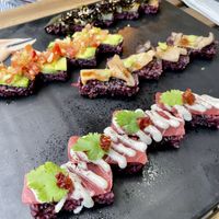 Bonsai Omakase (back to front): red chard, Mexican, Mushroom, tuna.  at Cofu in Vancouver