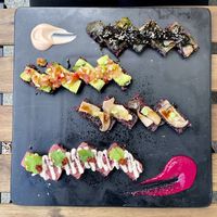 Weekly special (top to bottom): red chard, Mexican, mushroom, tuna.  at Cofu in Vancouver