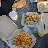 Vegan Mac and cheese, fries, and waffles at Veggie Galaxy in Cambridge
