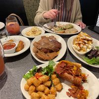 Everything is vegan. Sangria 8/10, Buffalo chickn Mac 10/10, French toast 9.5/10, biscuits and gravy 9/10, eggs 7.5/10, mots sticks 7/10, steak and cheese 9/10, and service 10/10   at Veggie Galaxy in Cambridge