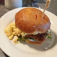 Breakfast sandwich with just egg and hash brown at Veggie Galaxy in Cambridge