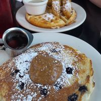 Blueberry pancakes and chicken and waffle at Veggie Galaxy in Cambridge