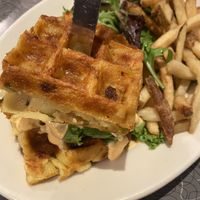 Chicken, mac cheers waffle burger   at Veggie Galaxy in Cambridge