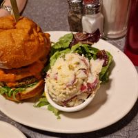 Kendall square burger with potato salad at Veggie Galaxy in Cambridge