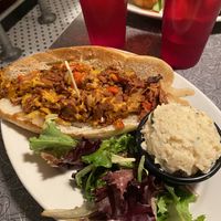 vegan steak and cheese sub with potato salad  at Veggie Galaxy in Cambridge