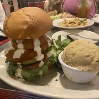 Buffalo chicken sandwich. Partner had it. 3/5. Good texture and enormous, but not a lot of flavor. Potato salad side also a 3/5.  at Veggie Galaxy in Cambridge