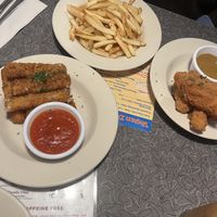 vegan fried chicken + mozz sticks approved by non-veg bc  at Veggie Galaxy in Cambridge