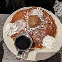 GF short stack chocolate chip pancakes with coco whip and caramelized banana butter at Veggie Galaxy in Cambridge