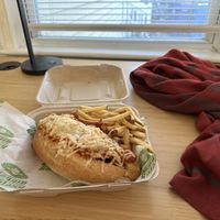 Meatball sub & fries (to go of course, their diner is way cuter than this background)  at Veggie Galaxy in Cambridge