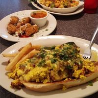 Vegan mac and cheese, vegan mozzarella sticks, tofu scramble over toasted bread at Veggie Galaxy in Cambridge