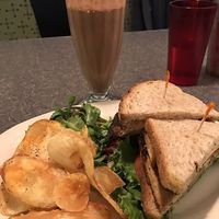 Chocolate frapp, club sandwich, and chips on the side. A classic meal made in heaven (also known as Veggie Galaxy) at Veggie Galaxy in Cambridge