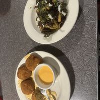 Mac and cheese bites and crispy Brussels  at Veggie Galaxy in Cambridge