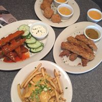 Cheese fries, buffalo tenders, chicken tenders, Mac and cheese bites at Veggie Galaxy in Cambridge