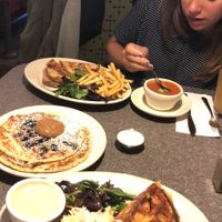 Blueberry pancakes, seitan “chicken” patty on vegan Mac and cheese buns at Veggie Galaxy in Cambridge