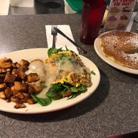 Southern Benny and choc chip pancake (both vegan) at Veggie Galaxy in Cambridge