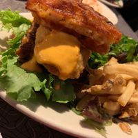 Mac and cheese waffle chick’n burger sandwich  at Veggie Galaxy in Cambridge