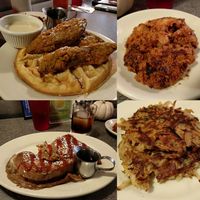 Chick'n and waffles, corned beef hash, French toast stuffed with cream and hash brown. at Veggie Galaxy in Cambridge