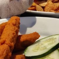 Buffalo "chicken" with vegan blue cheese and a "chicken" burger at Veggie Galaxy in Cambridge