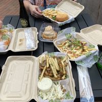 Delicious fries, burgers, subs, pies and poutine! If you get take out it’s near a cute park with tables to eat outside.   at Veggie Galaxy in Cambridge